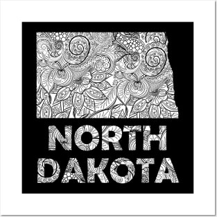 Mandala art map of North Dakota with text in white Posters and Art